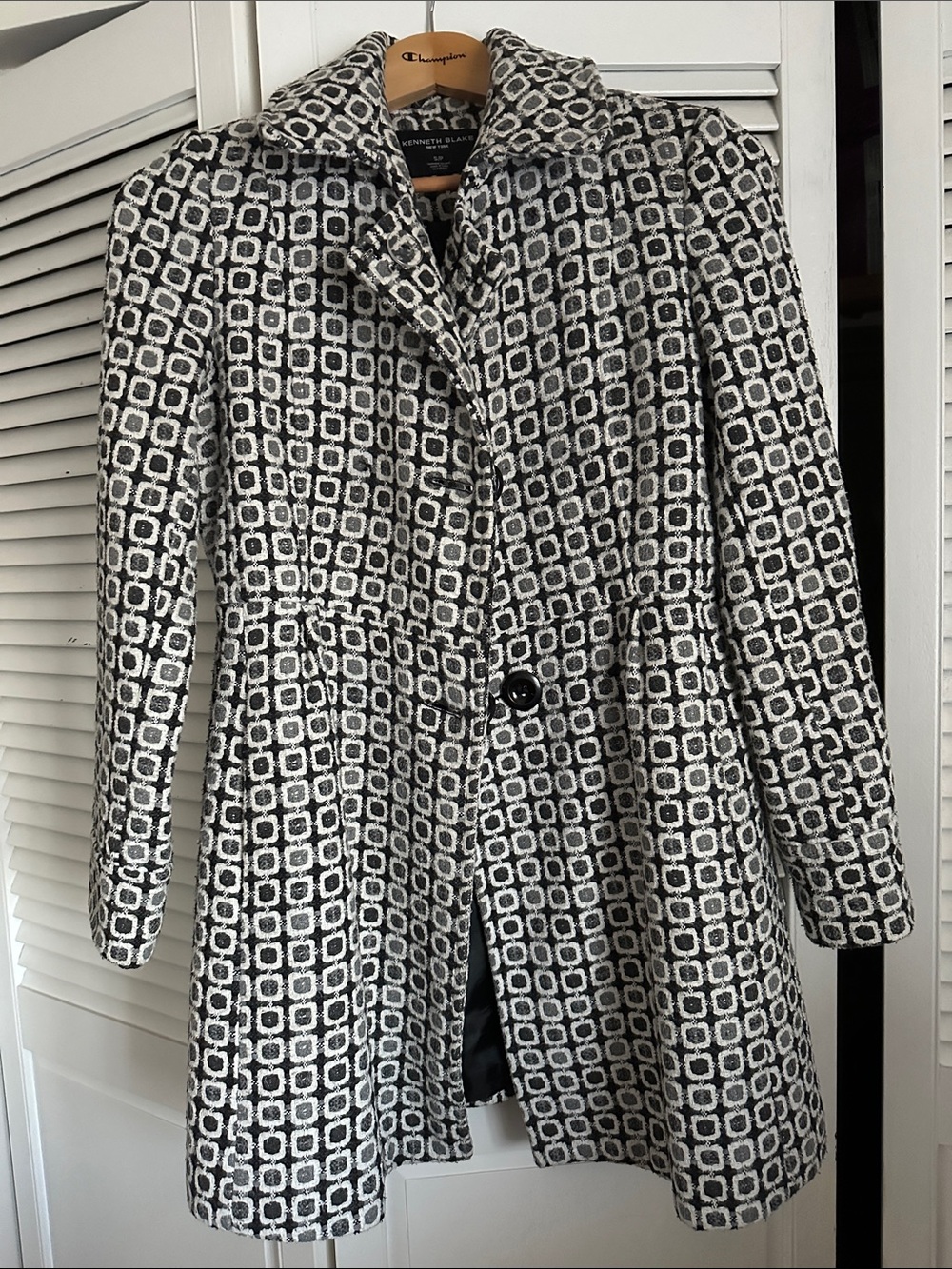 Women's Black and White Patterned Pea Coat